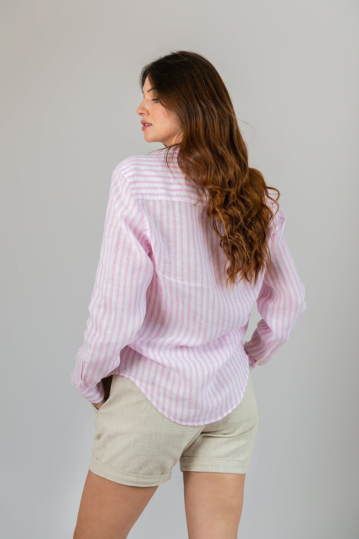 Camisa 100% Linho Amalfi Listra Rosa